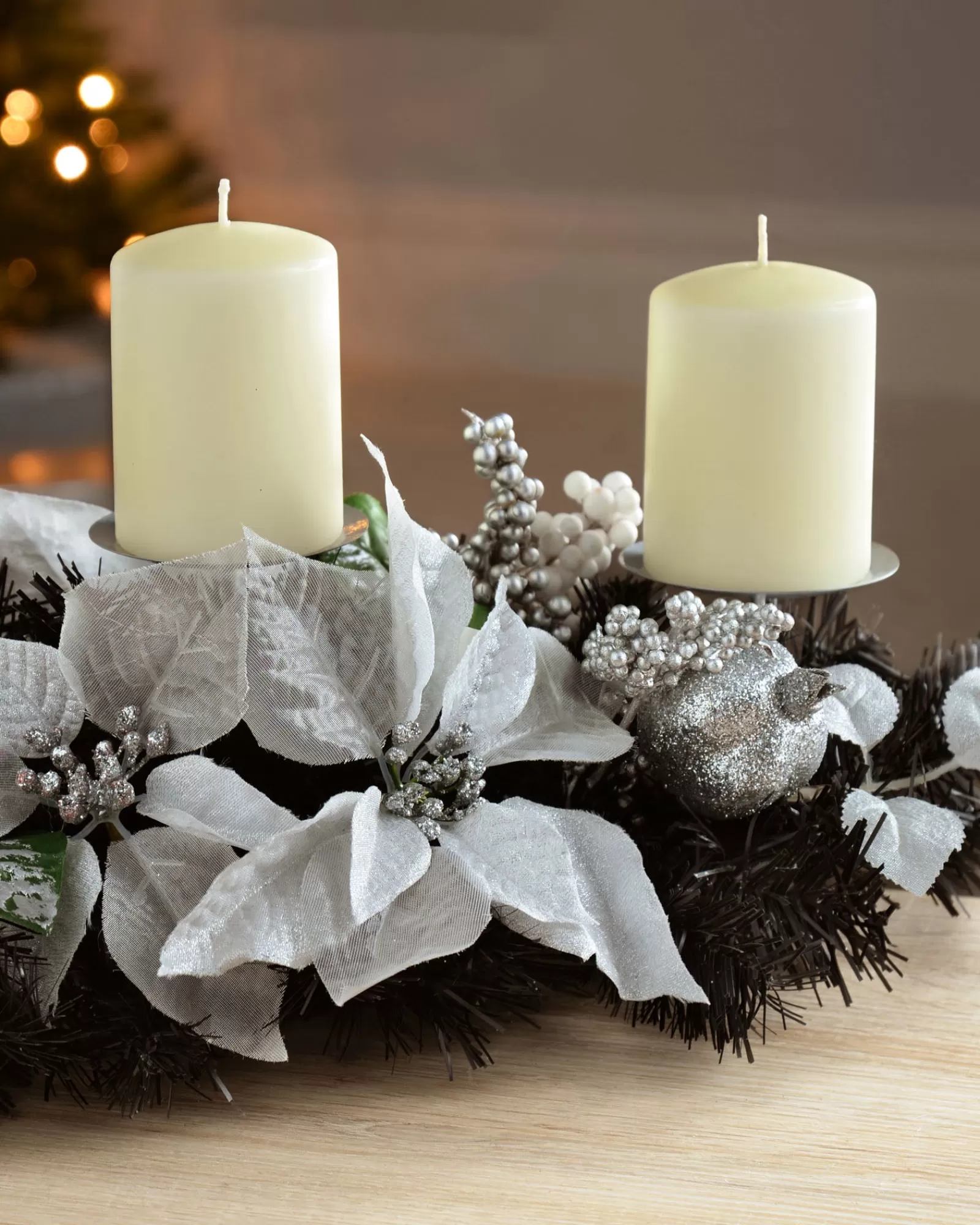 WeRChristmas Table Decorations | Candle Holder Garlands^3 Pillar Decorated Candle Holder, Black/Silver