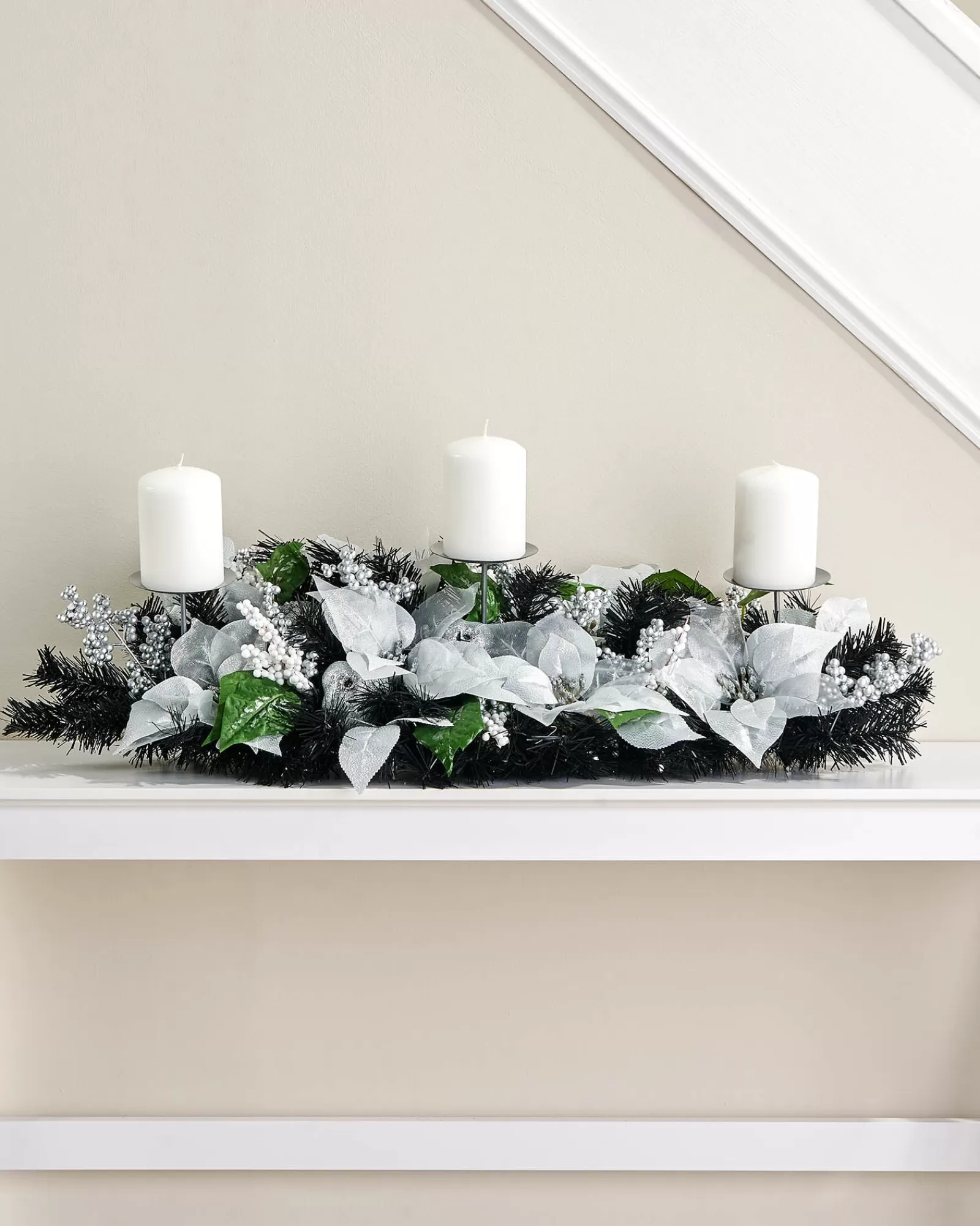 WeRChristmas Table Decorations | Candle Holder Garlands^3 Pillar Decorated Garland Candle Holder, Black/Silver, 76 Cm