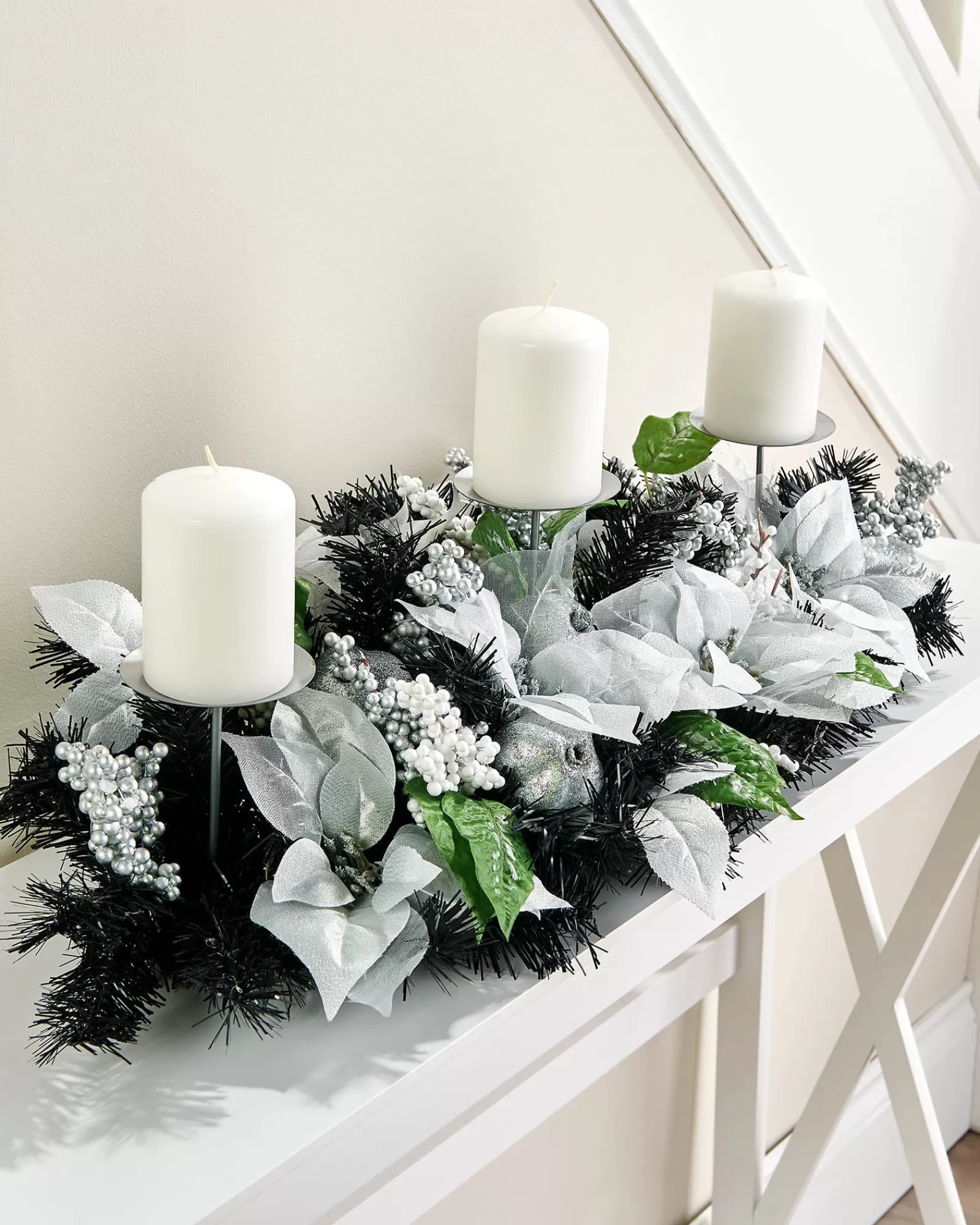 WeRChristmas Table Decorations | Candle Holder Garlands^3 Pillar Decorated Garland Candle Holder, Black/Silver, 76 Cm