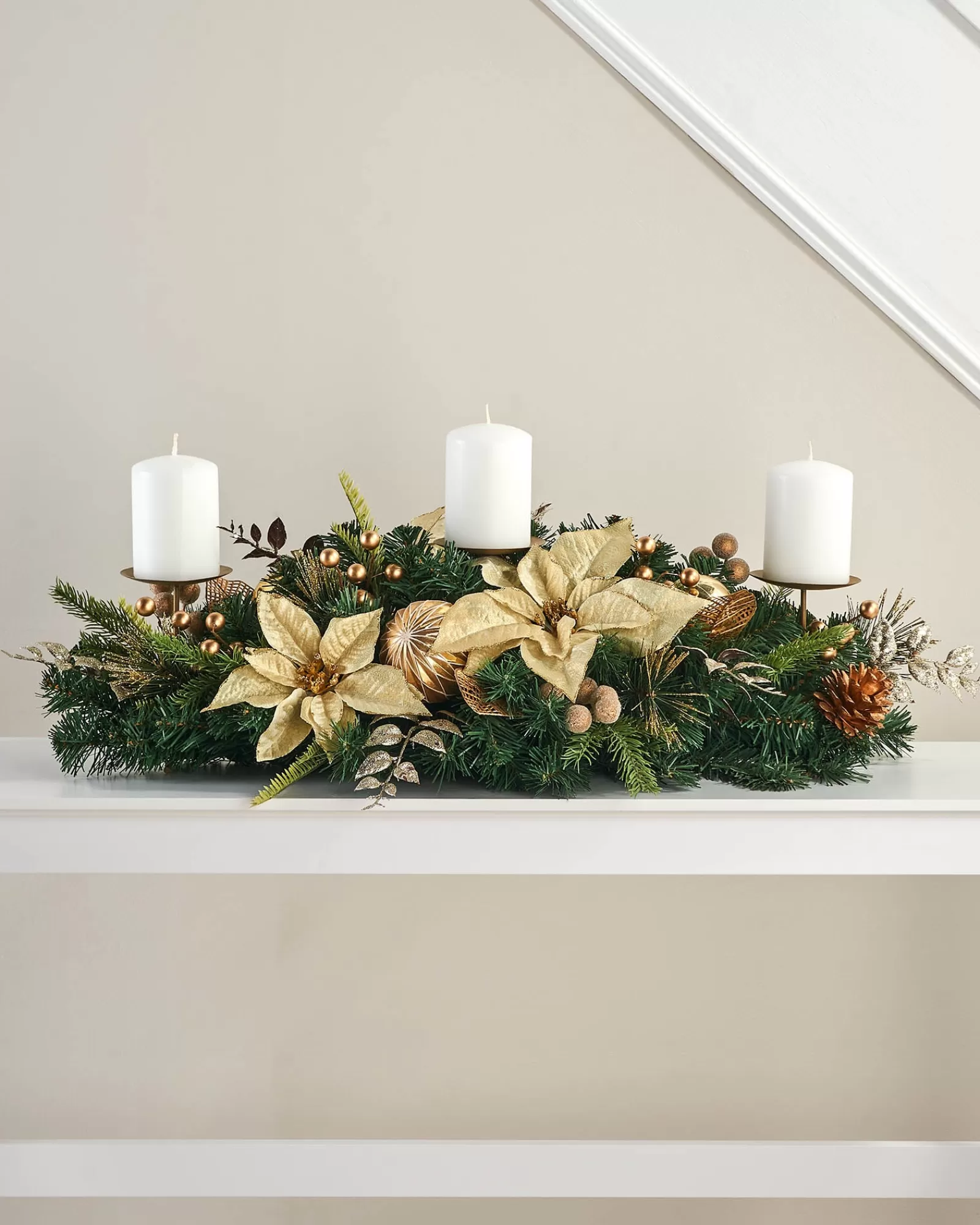 WeRChristmas Table Decorations | Candle Holder Garlands^3 Pillar Decorated Garland Candle Holder, Cream/Gold, 76 Cm