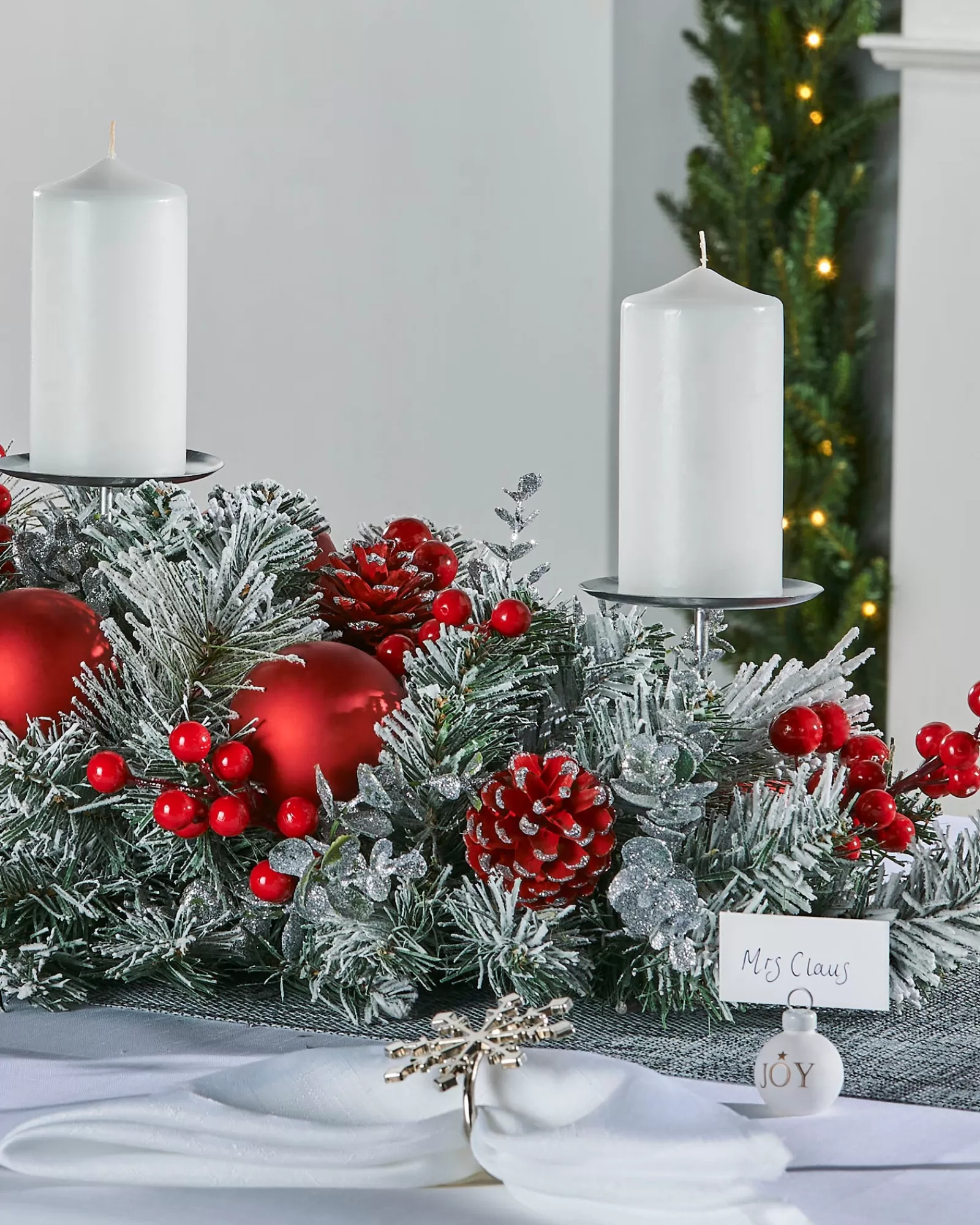 WeRChristmas Table Decorations | Decorated Garlands^3 Pillar Decorated Garland Candle Holder, Frosted, 76 Cm
