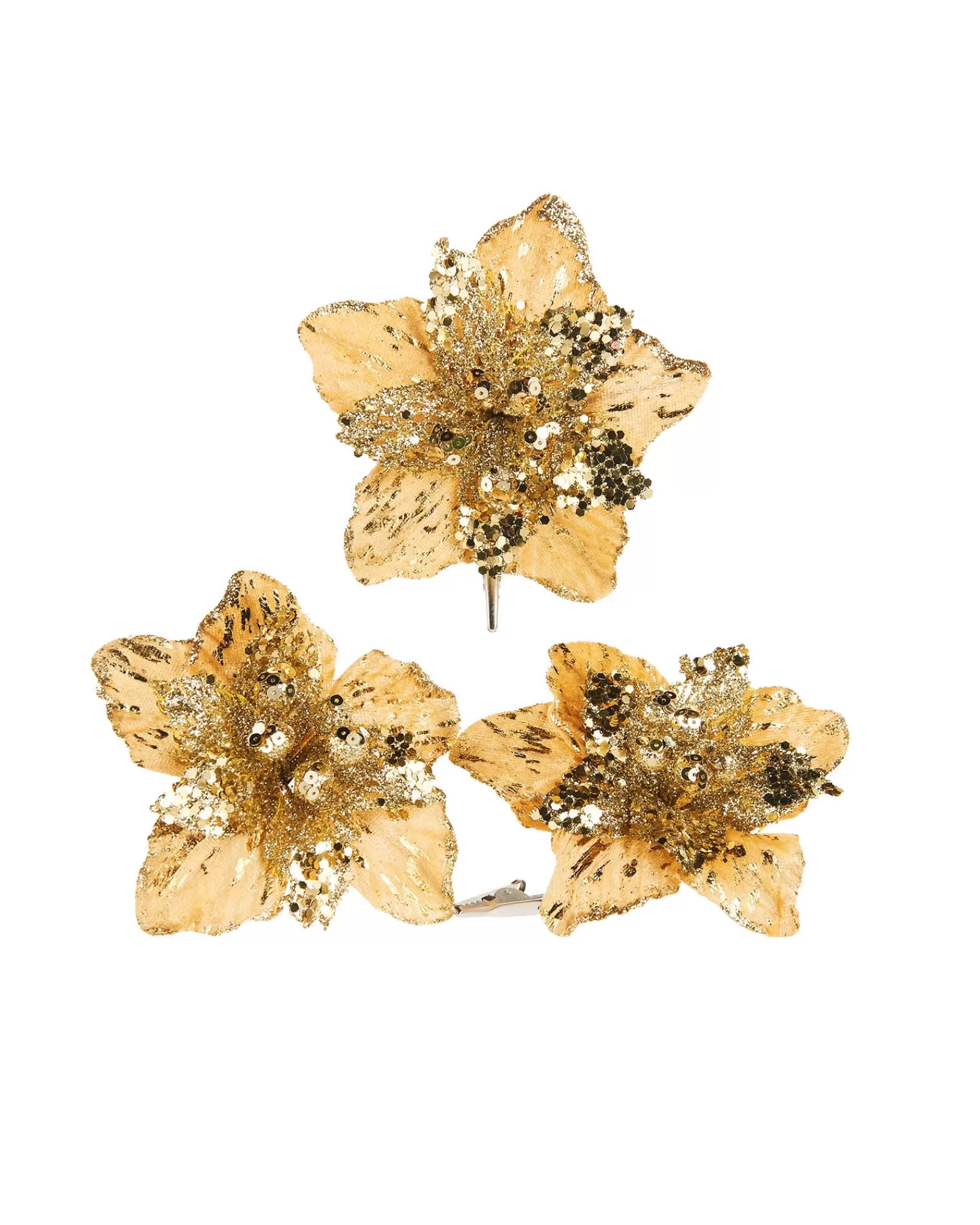 WeRChristmas Flowers & Foliage | Flowers & Foliage^Artificial Gold Poinsettia Flower With Clip, 3 Pack, 12 Cm