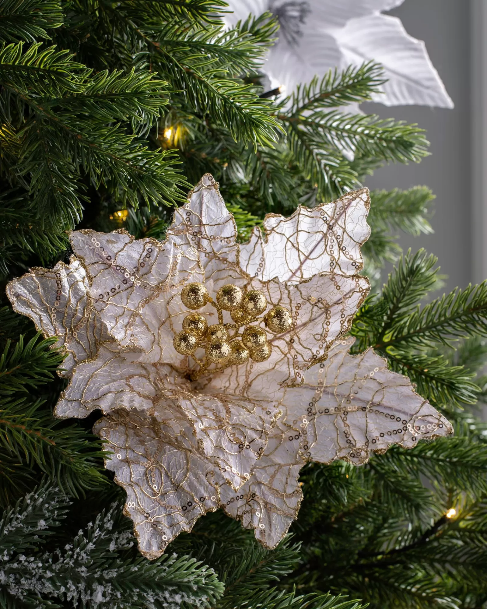 WeRChristmas Flowers & Foliage | Flowers & Foliage^Artificial Poinsettia Flower, White And Gold, 32 Cm