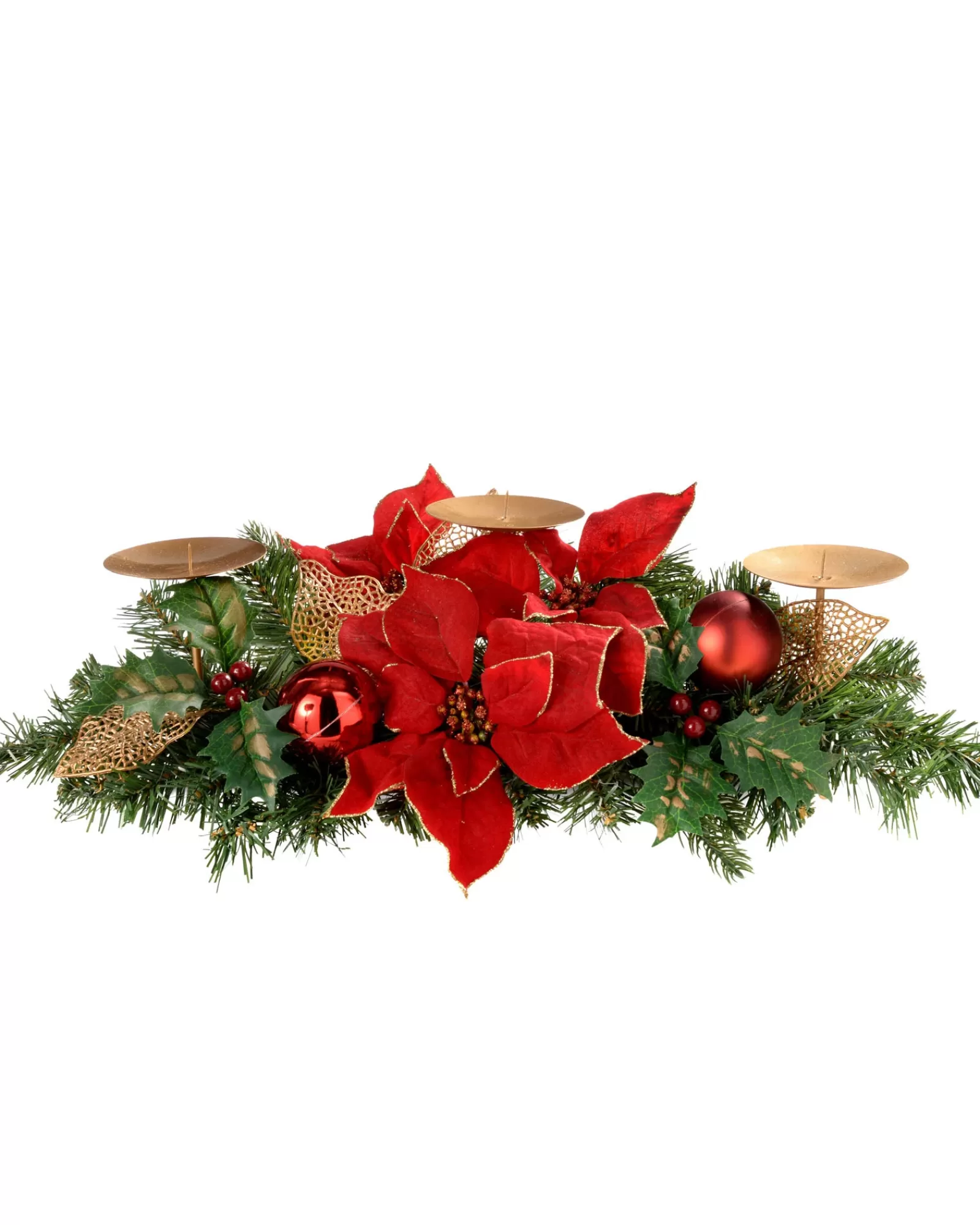 WeRChristmas Candle Holder Garlands | Decorated Garlands^Decorated Table Centre Piece Candle Holder - Red/Gold, 3 Pillar