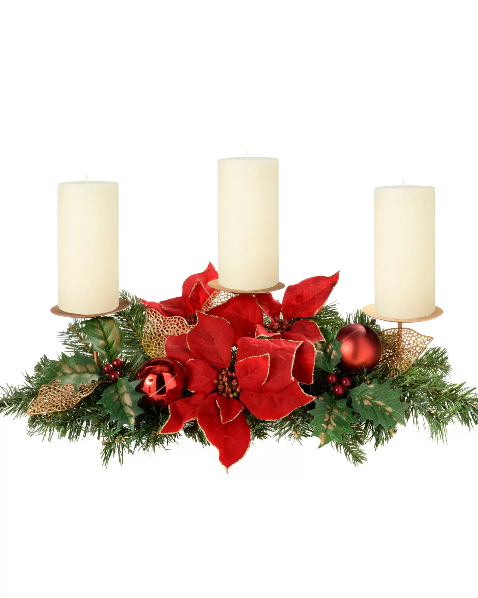 WeRChristmas Candle Holder Garlands | Decorated Garlands^Decorated Table Centre Piece Candle Holder - Red/Gold, 3 Pillar