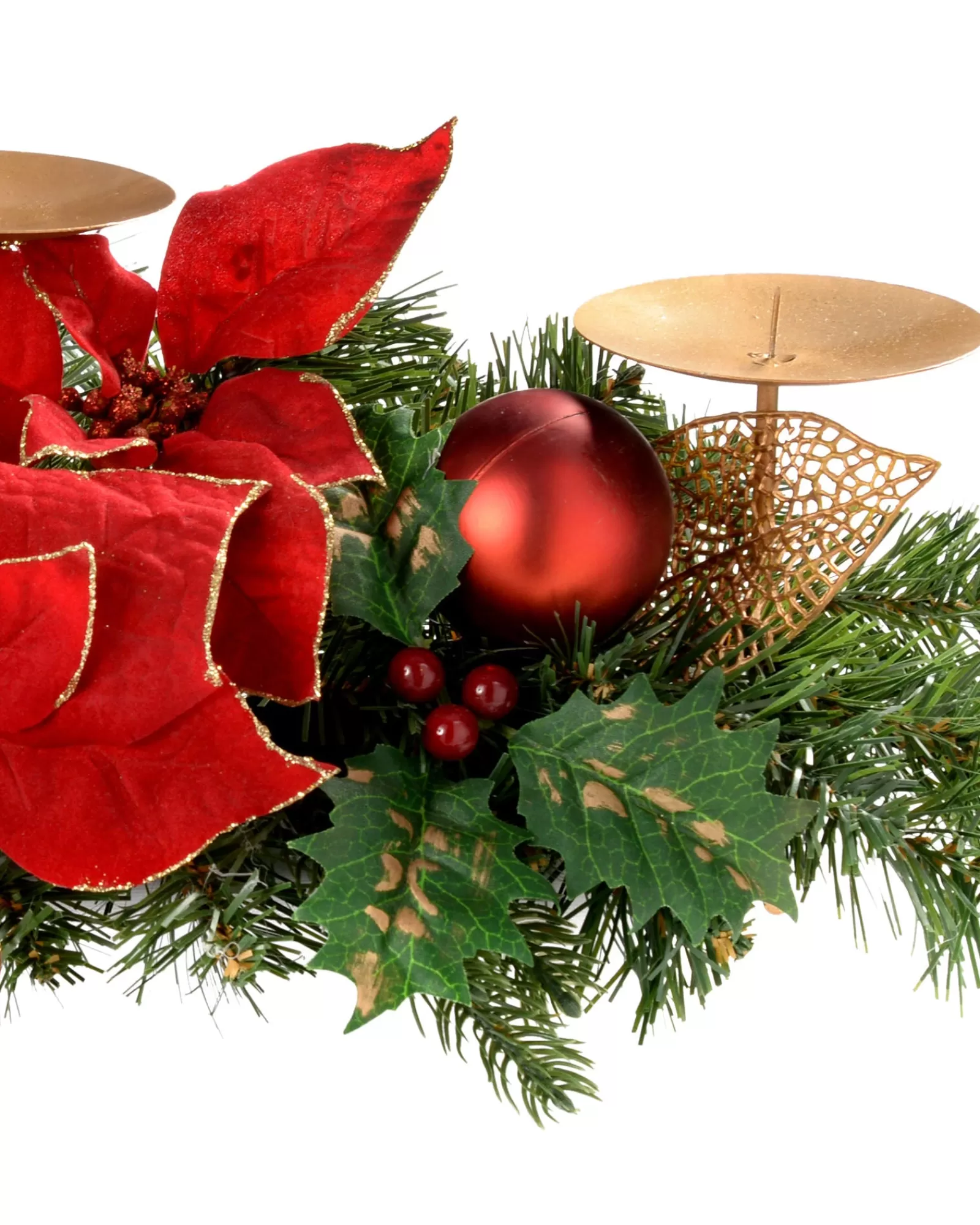 WeRChristmas Candle Holder Garlands | Decorated Garlands^Decorated Table Centre Piece Candle Holder - Red/Gold, 3 Pillar
