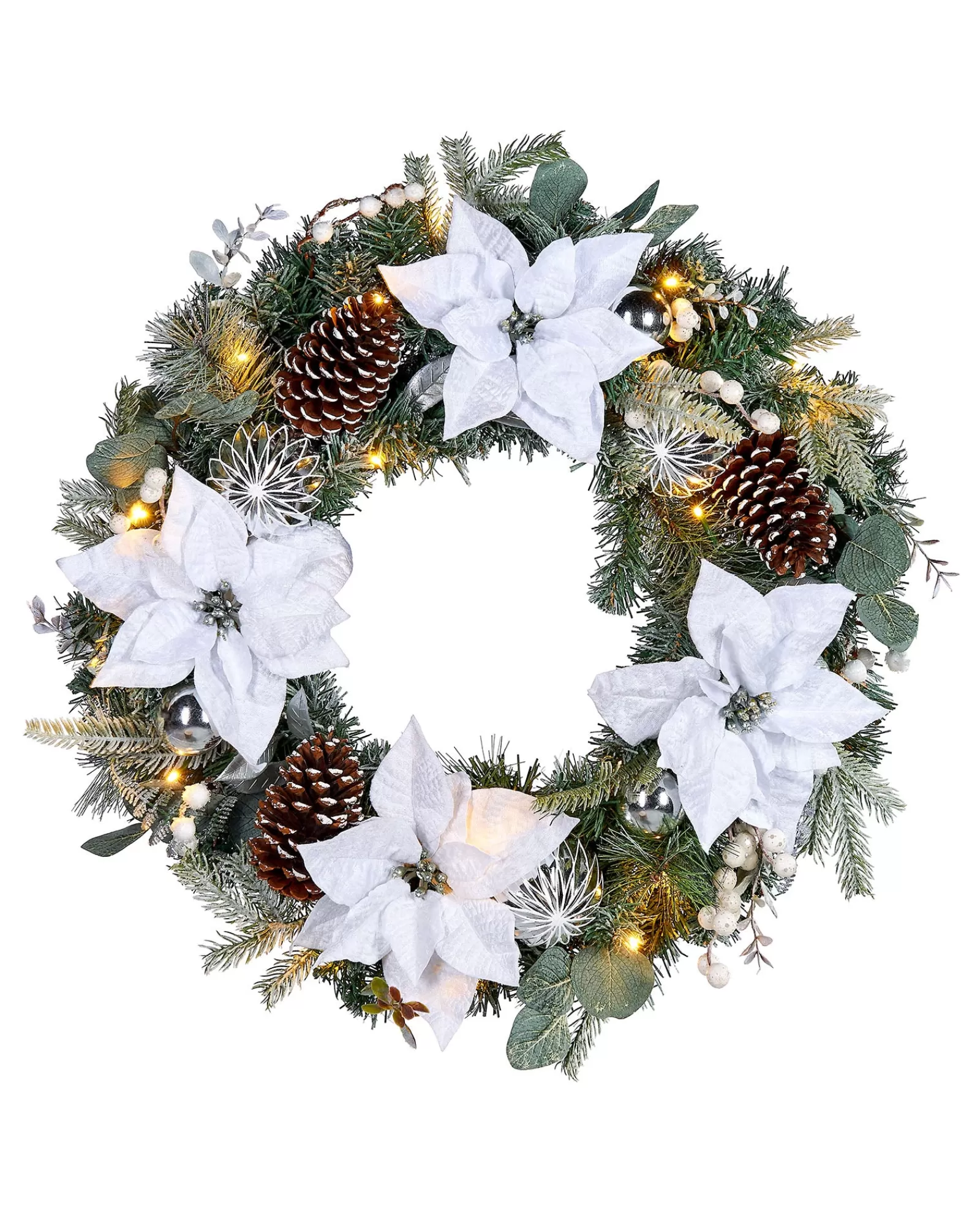 WeRChristmas Decorated Wreaths | Pre Lit Wreaths^Pre-Lit Decorated Frosted Wreath, White/Silver, 60 Cm