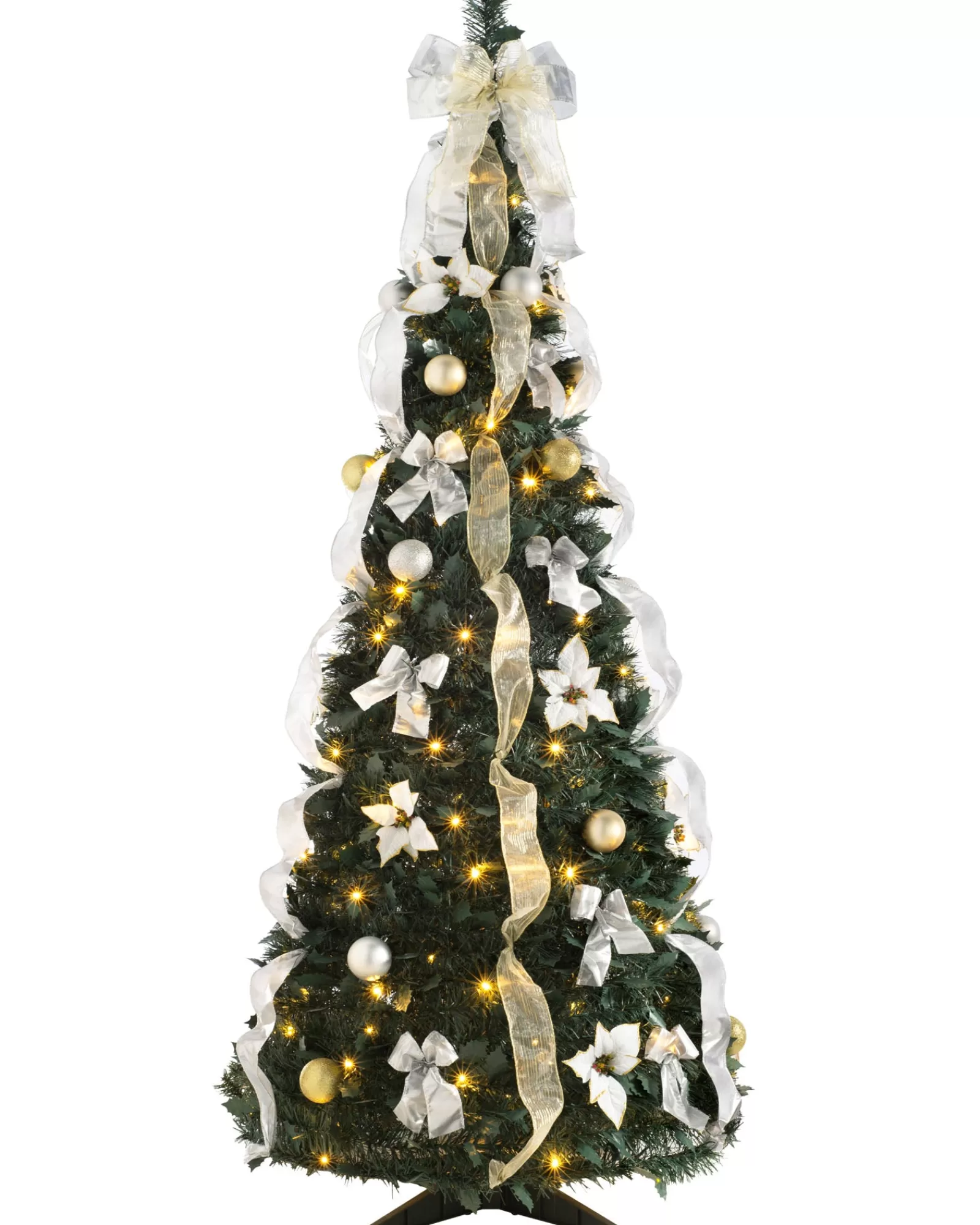 WeRChristmas Budget Christmas Trees | Pre Lit Christmas Trees^Pre-Lit Decorated Holly Pop-Up Christmas Tree, Champagne & Silver, 6 Ft