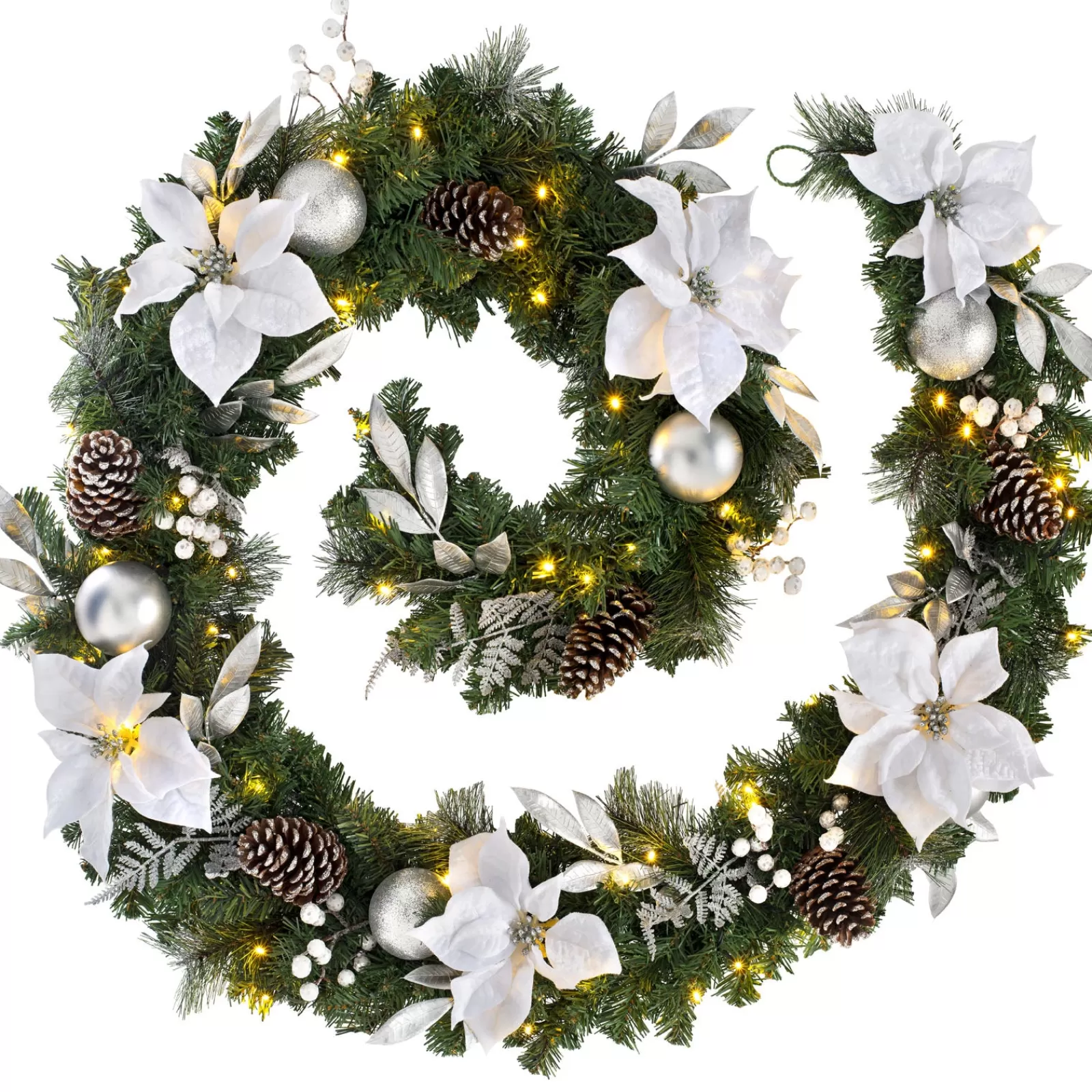 WeRChristmas Decorated Garlands | Pre Lit Garlands^Pre-Lit Extra Thick Decorated Garland, Silver/White, 9 Ft
