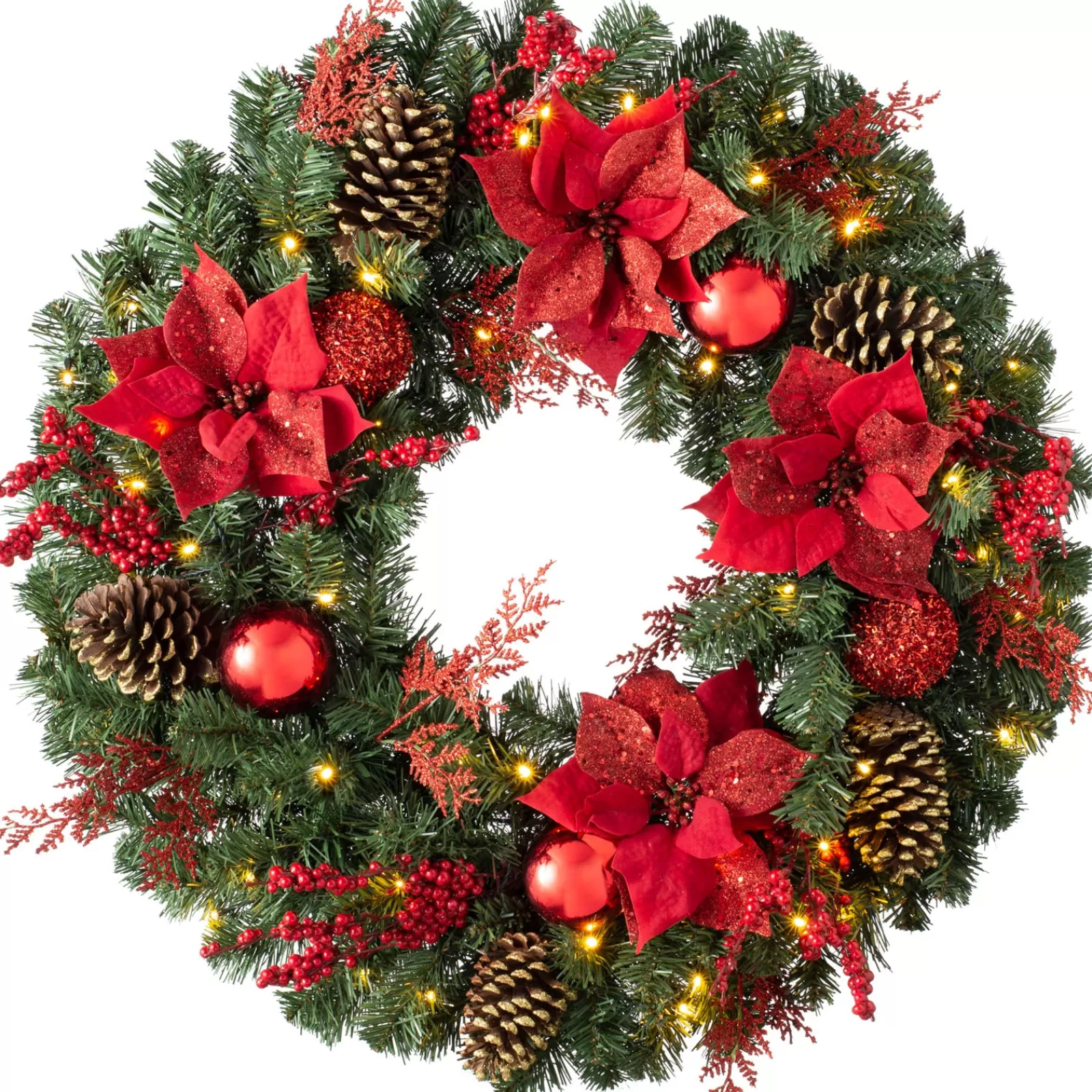 WeRChristmas Decorated Wreaths | Pre Lit Wreaths^Pre-Lit Extra Thick Decorated Wreath, Red/Gold, 76 Cm