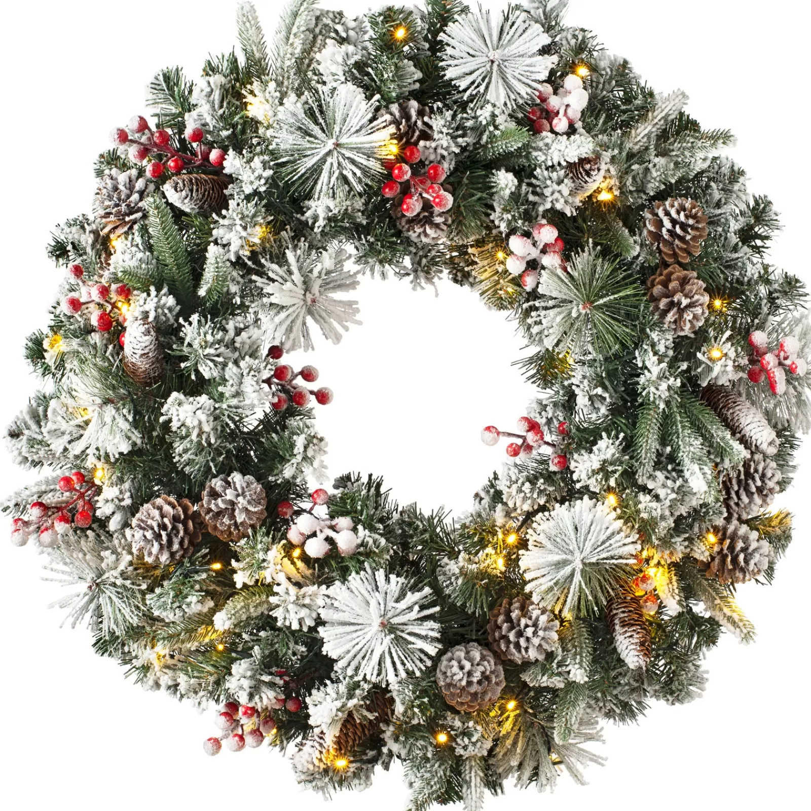 WeRChristmas Decorated Wreaths | Pre Lit Wreaths^Pre-Lit Extra Thick Mixed Pine Snow Flocked Wreath, Pinecones & Berries, 76 Cm