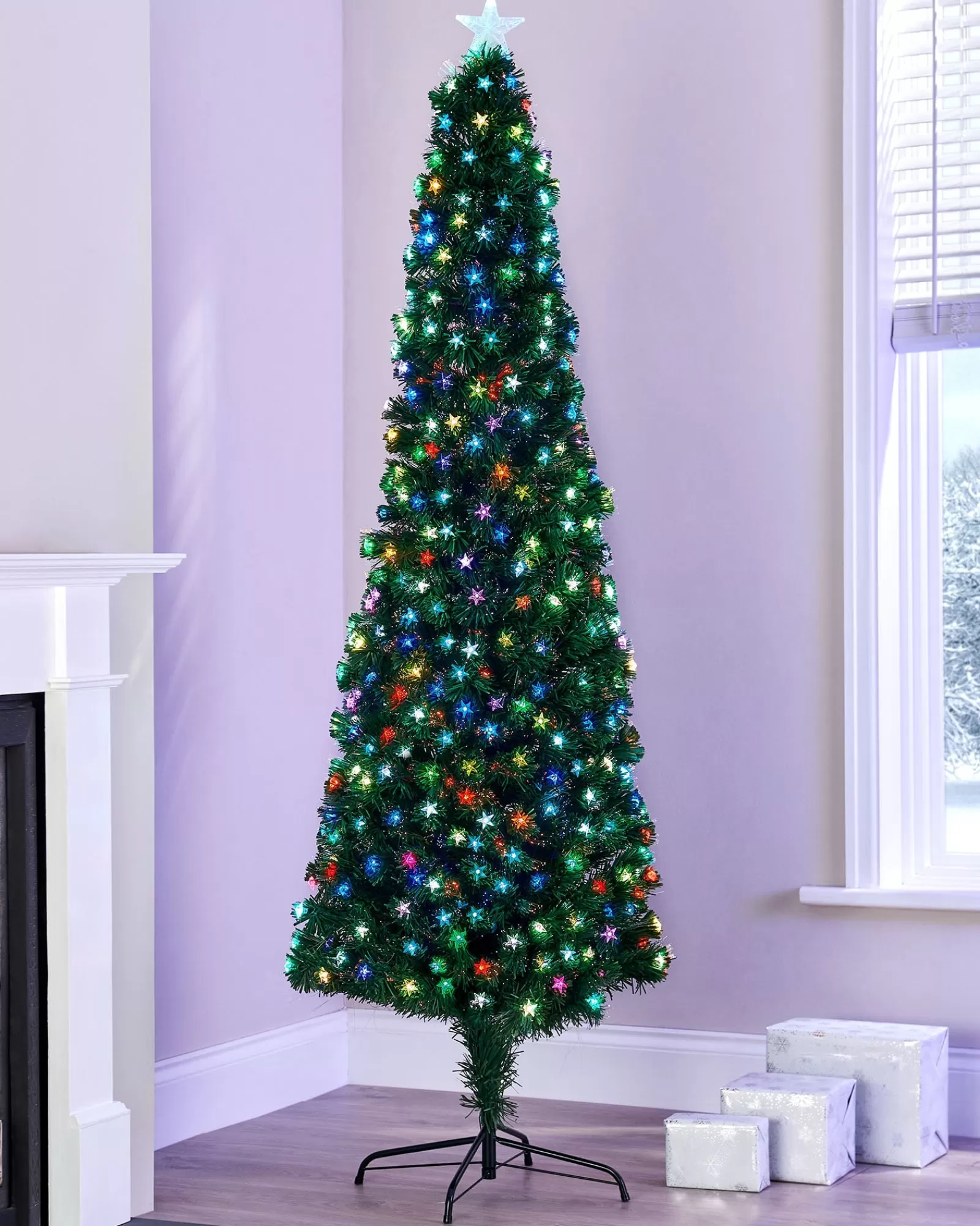 WeRChristmas Budget Christmas Trees | Fibre Optic Christmas Trees^Pre-Lit Fibre Optic Pencil Christmas Tree With Multi-Coloured LED Stars, 6 Ft