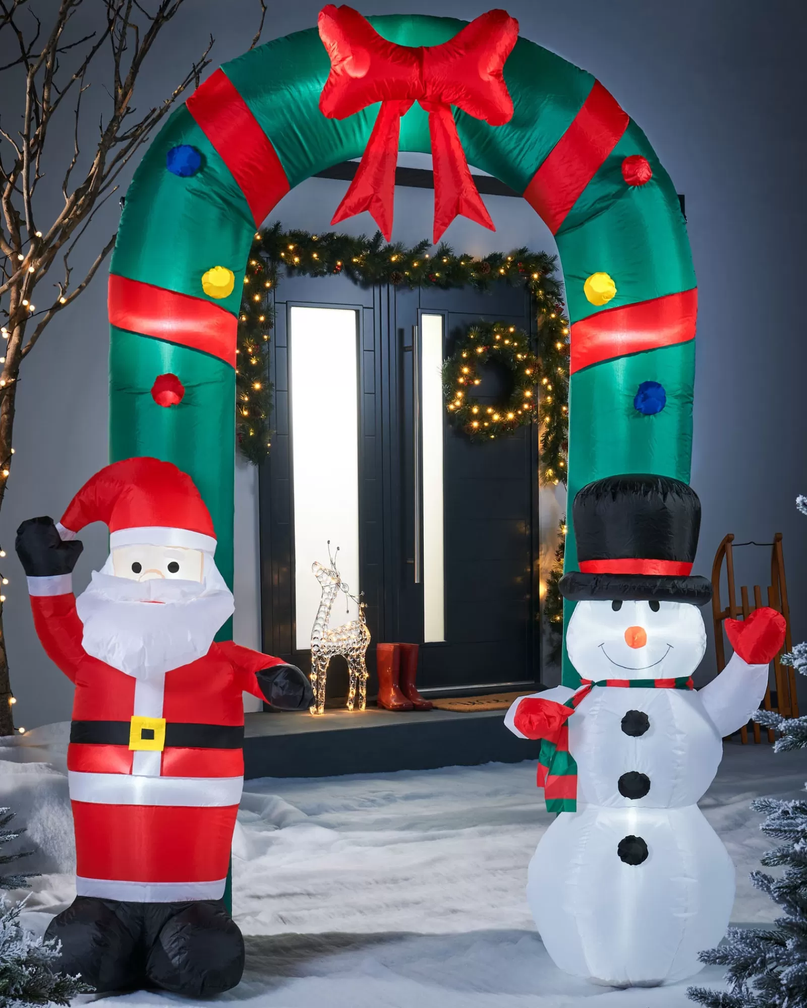 WeRChristmas Christmas Characters | Inflatables^Pre-Lit Inflatable Santa & Snowman Candy Cane Arch, 8 Ft