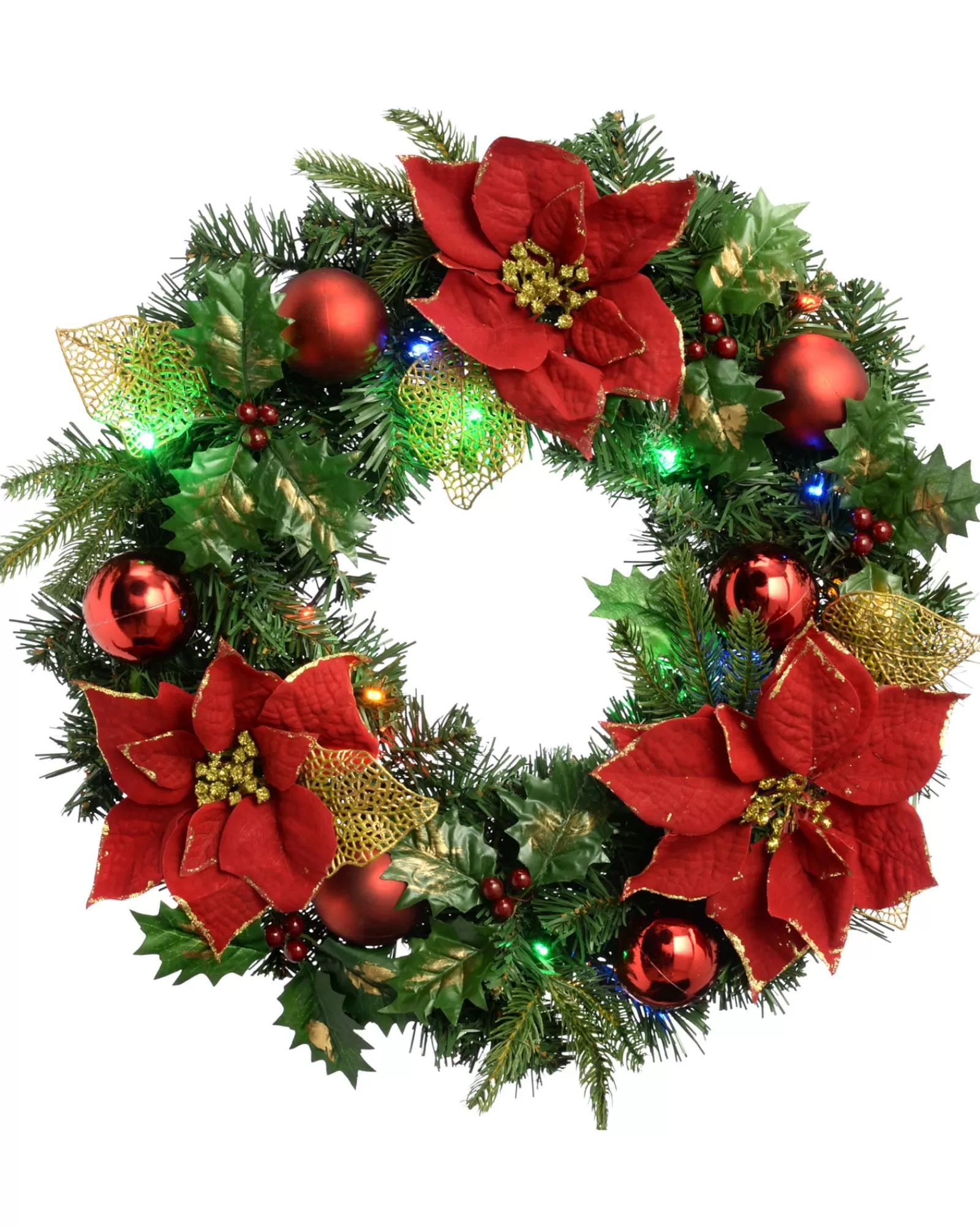 WeRChristmas Decorated Wreaths | Pre Lit Wreaths^Pre-Lit Multi-Coloured Decorated Wreath, Red/Gold, 60 Cm