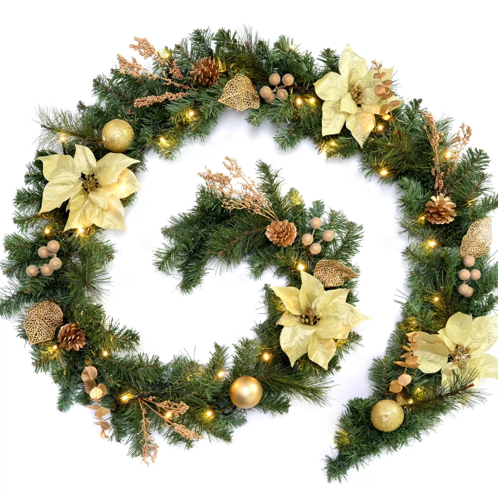 WeRChristmas Decorated Garlands | Pre Lit Garlands^Pre-Lit Multi-Function Decorated Garland, Cream/Gold, 9 Ft