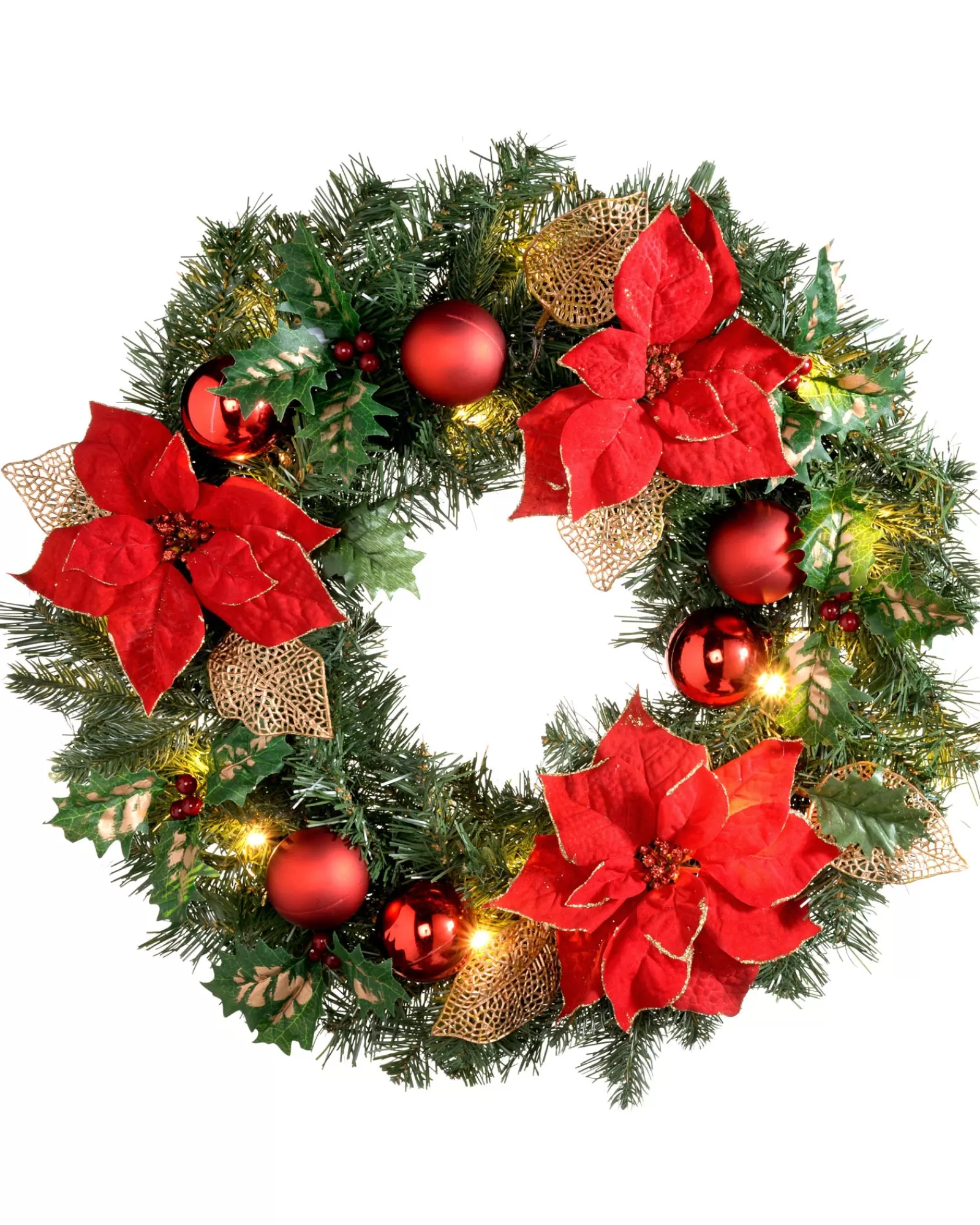 WeRChristmas Decorated Wreaths | Pre Lit Wreaths^Pre-Lit Warm White Decorated Wreath, Red/Gold, 60 Cm