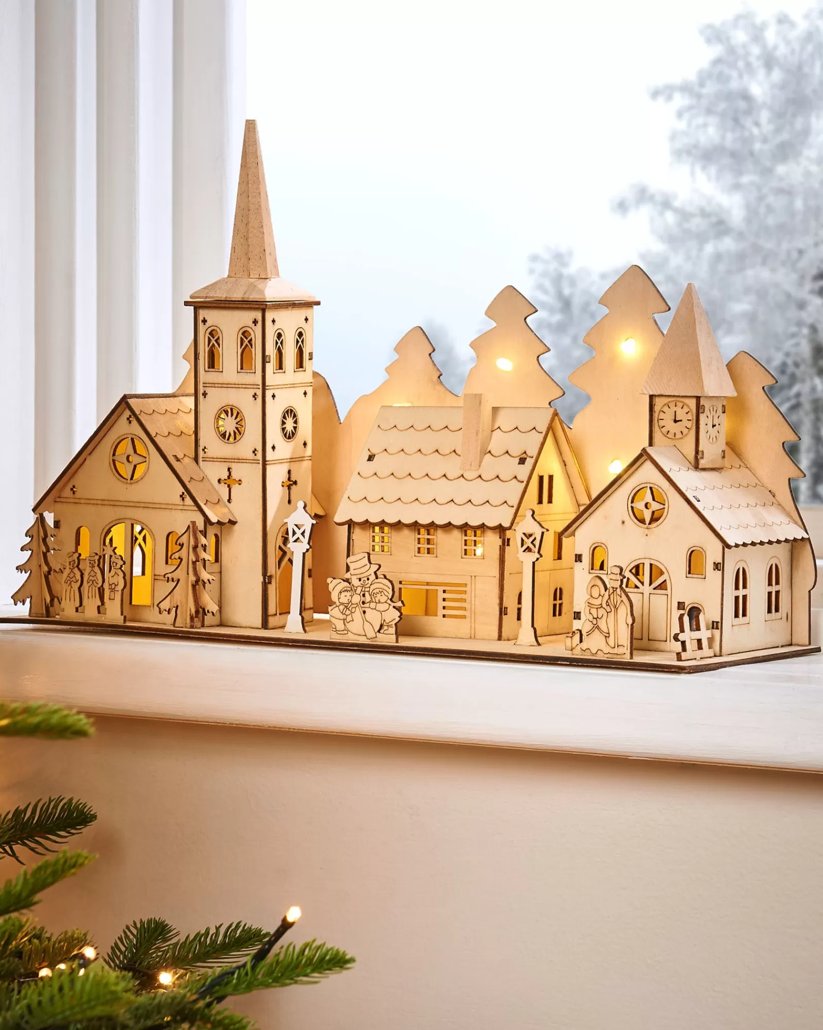 WeRChristmas Table Decorations^Pre-Lit Wooden Church And Village Scene, 35 Cm