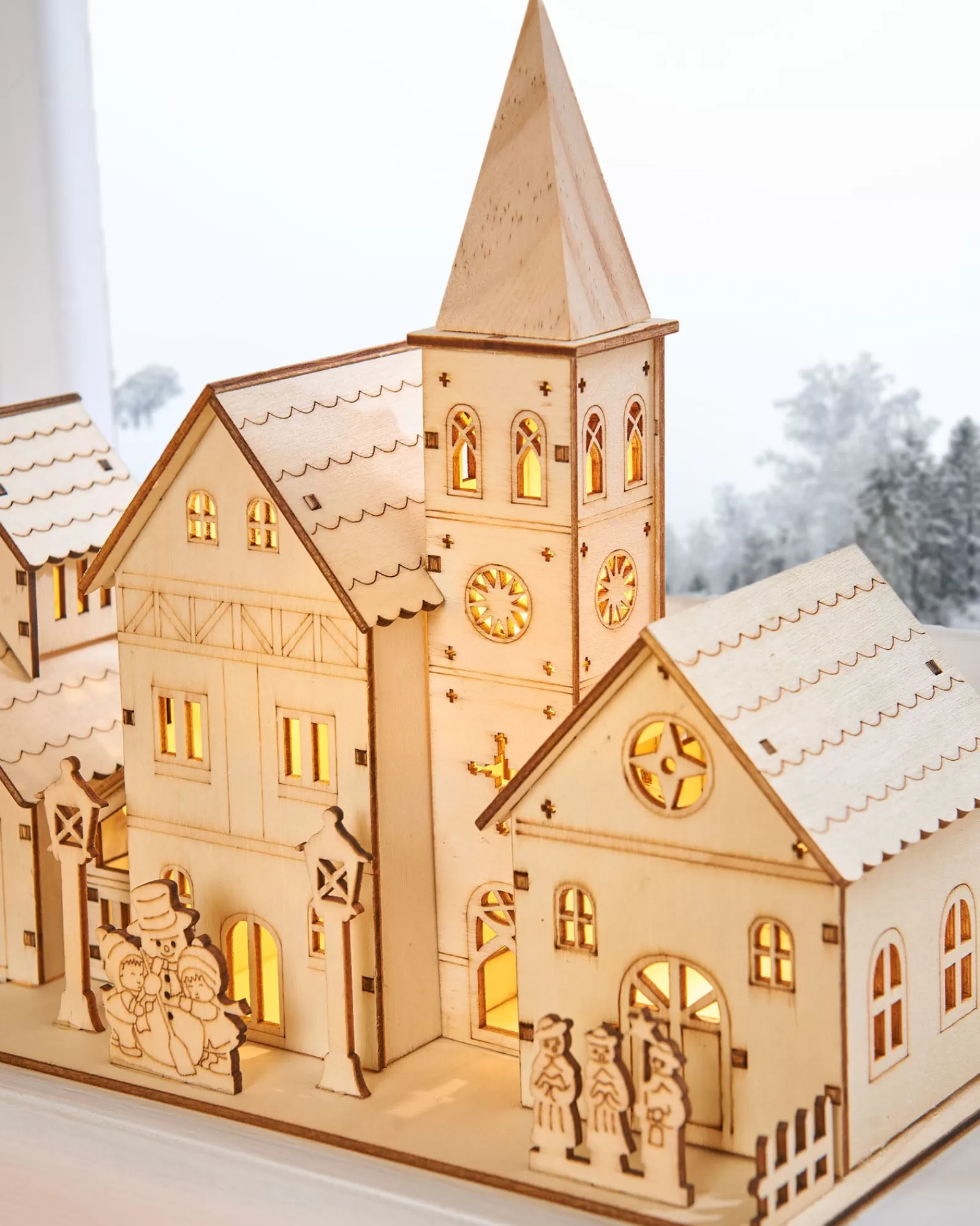 WeRChristmas Table Decorations^Pre-Lit Wooden Church Scene, 28 Cm