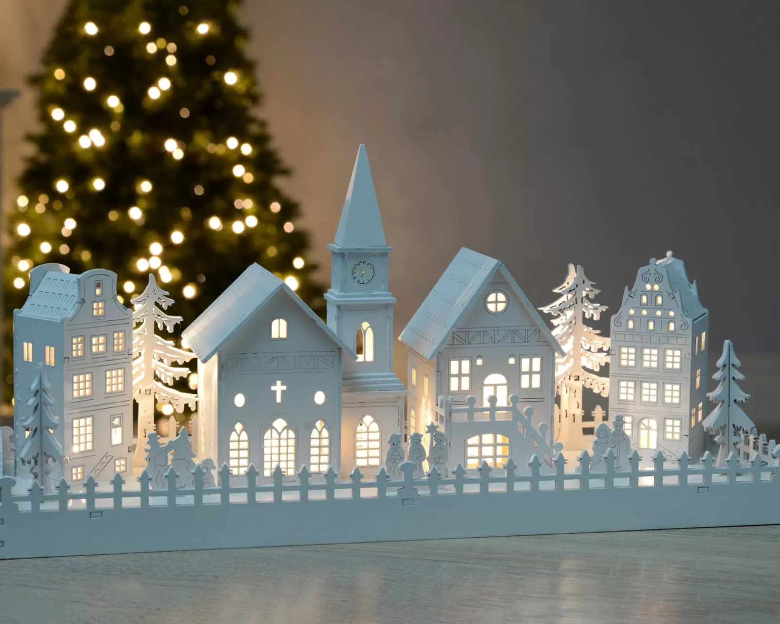 WeRChristmas Table Decorations^Pre-Lit Wooden Village Church Scene, 45 Cm