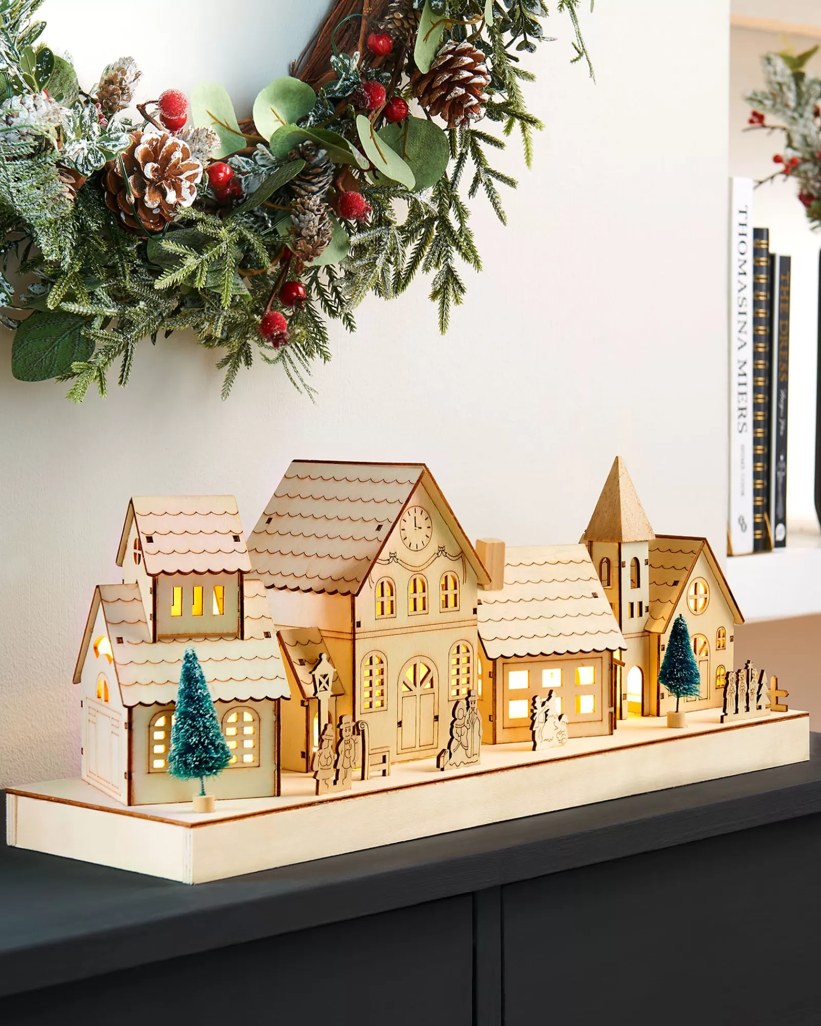 WeRChristmas Table Decorations^Pre-Lit Wooden Village Scene, Neutral, 48 Cm