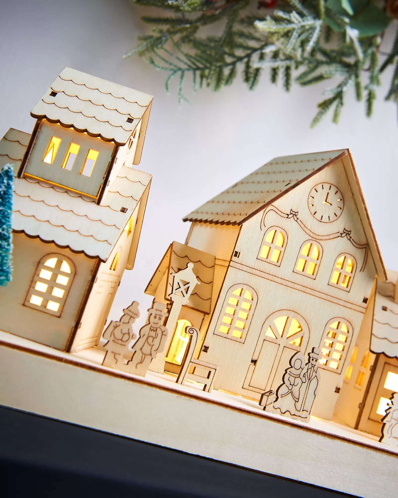 WeRChristmas Table Decorations^Pre-Lit Wooden Village Scene, Neutral, 48 Cm