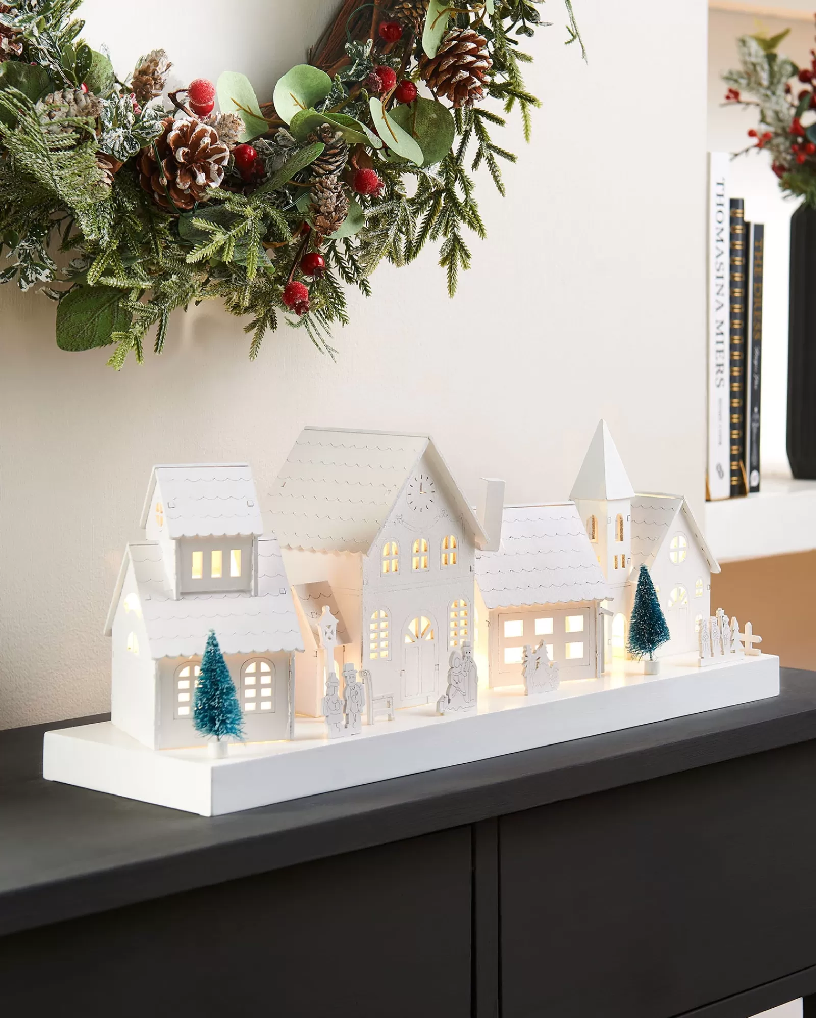 WeRChristmas Table Decorations^Pre-Lit Wooden Village Scene, White, 48 Cm