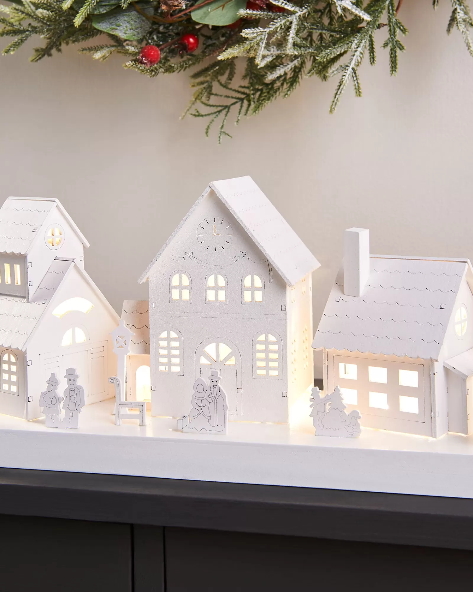 WeRChristmas Table Decorations^Pre-Lit Wooden Village Scene, White, 48 Cm