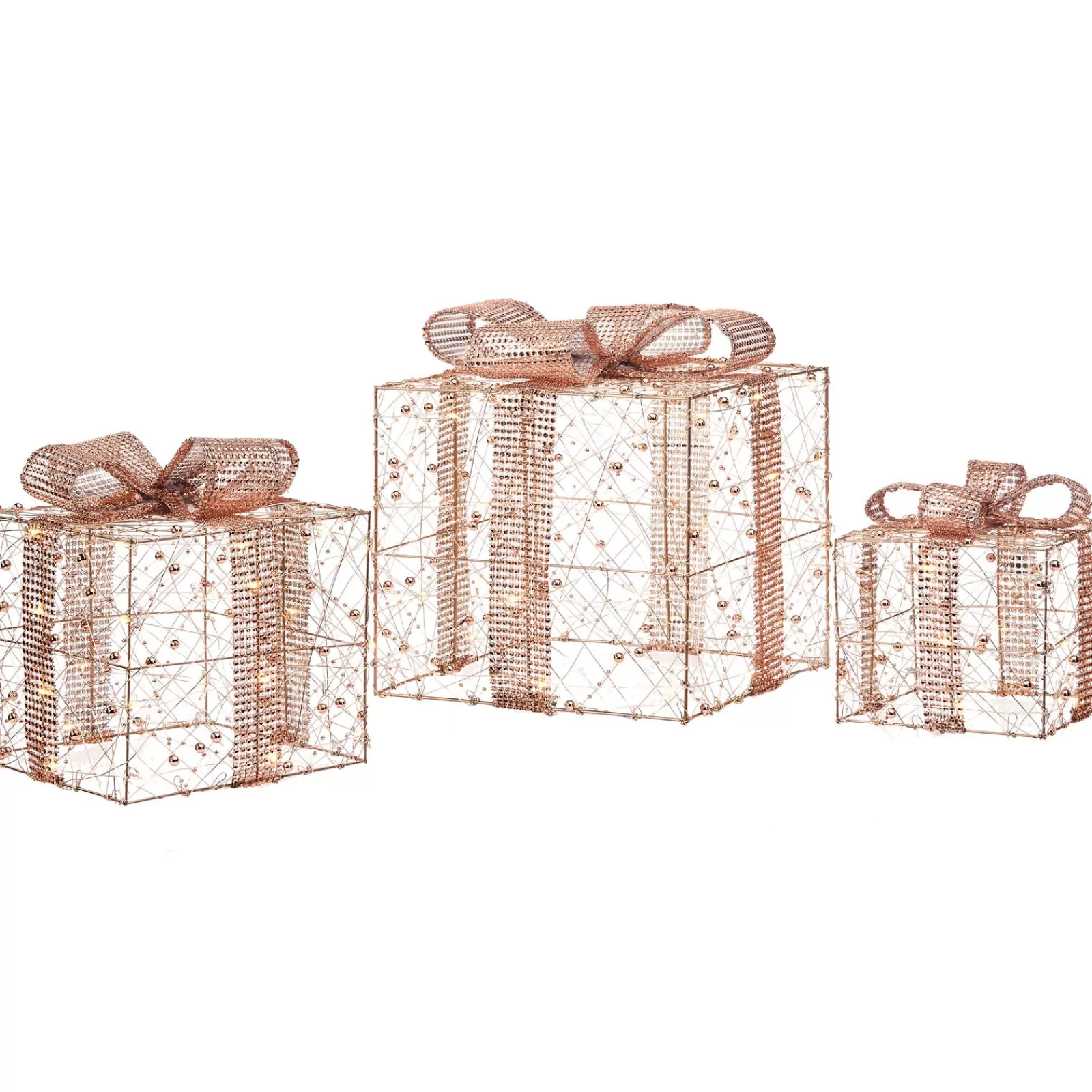WeRChristmas Table Decorations^Set Of 3 Pre-Lit Gift Boxes, Rose Gold, 40 Cm