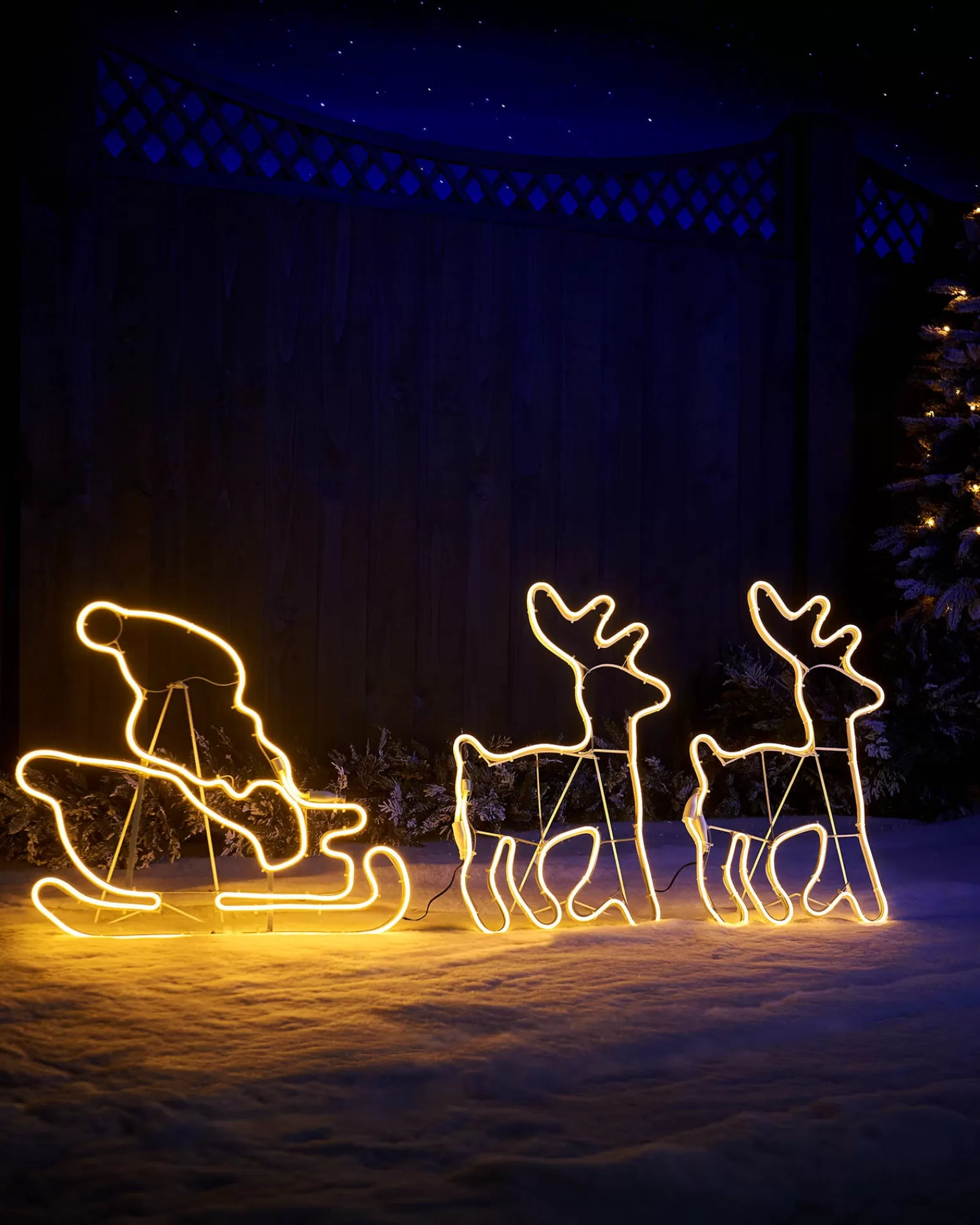 WeRChristmas Outdoor Lighted Reindeer^Twin Reindeers With Santa Sleigh Neon Rope Light Silhouette, 2.6 M