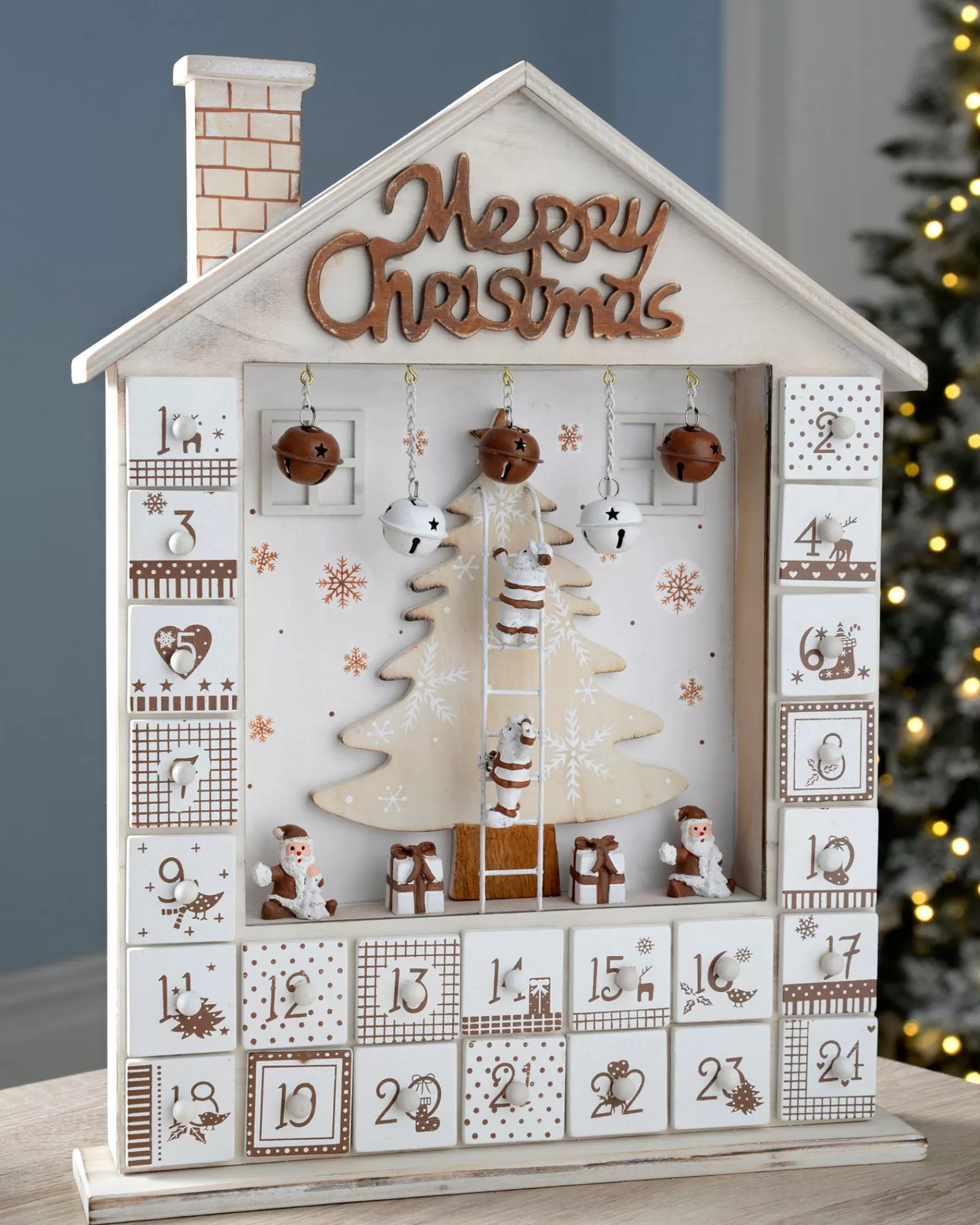 WeRChristmas Novelty | Table Decorations^Wooden House Advent Calendar Christmas Decoration, 37cm, Beige